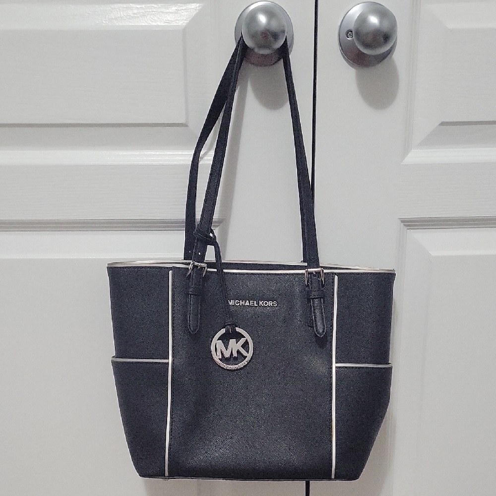 Michael Kors Black Tote with Textured Finish and Silver Logo